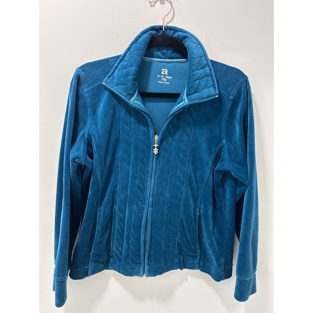 Activology Womens Teal Blue Velour Quilted Zip Up Jacket Mock Neck PM